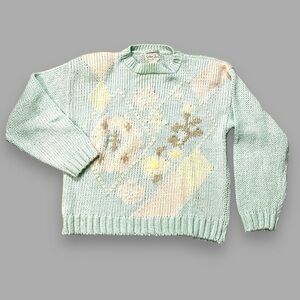 Colter Bay Sweater HandKnit pastel floral argyle Cottage core Large Vintage 80s